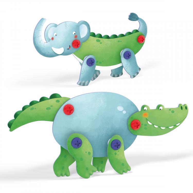 Quercetti 0541 Tecno Puzzle 3D - slon a krokodýl